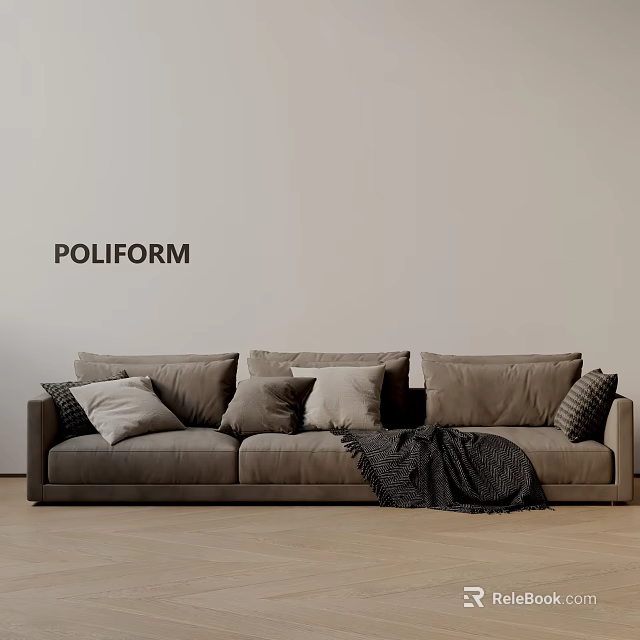 Poliform Three Seater Sofa With Plush Cushions And Cozy Throw Blanket On Wooden Floor 3d model 