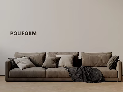 Poliform Three Seater Sofa With Plush Cushions And Cozy Throw Blanket On Wooden Floor 3d model