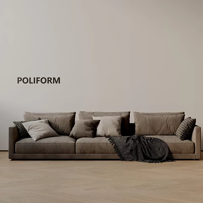 Poliform Three Seater Sofa With Plush Cushions And Cozy Throw Blanket On Wooden Floor 3d model