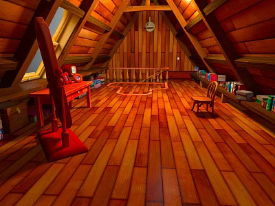 Cartoon Attic Interior With Sloped Roof Wooden Floor Small Table And Toys 3d model