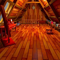 Cartoon Attic Interior With Sloped Roof Wooden Floor Small Table And Toys