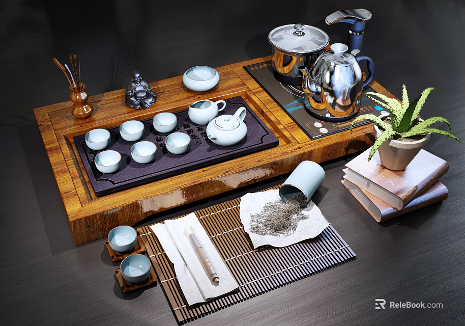 Elegant Tea Set with Wooden Tray Teacups Teapot Tea Leaves Potted Plant and Books 3d model 