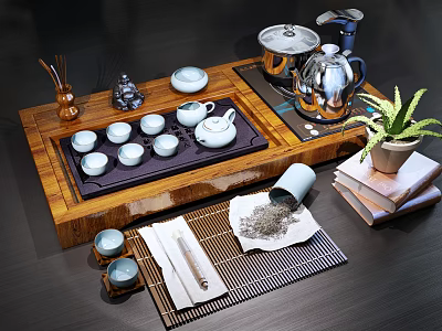 Elegant Tea Set with Wooden Tray Teacups Teapot Tea Leaves Potted Plant and Books 3d model