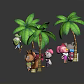 Playful Cartoon Beach Scene With Green Palm Trees And Animal Characters