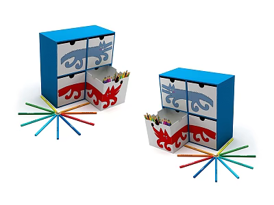 Blue Cabinets With Dragon Patterns And Red Drawers Near Scattered Colorful Pencils 3d model