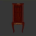 Red Ornate Cabinet With Gold Decorative Details Open Shelves And Carved Legs