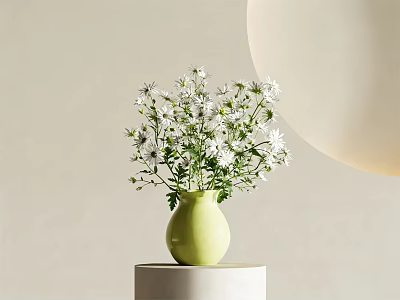 White Small Flowers in Light Green Vase on White Cylindrical Pedestal with Light Background 3d model