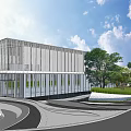 Modern Sales Office Building With Glass Facade Landscaped Gardens And Driveway