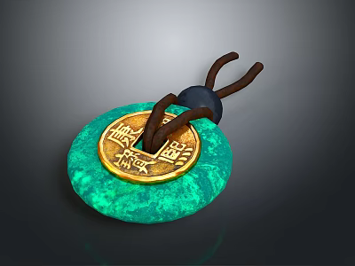 Green Circular Pendant With Golden Coin And Brown Rope Featuring Chinese Characters 3d model