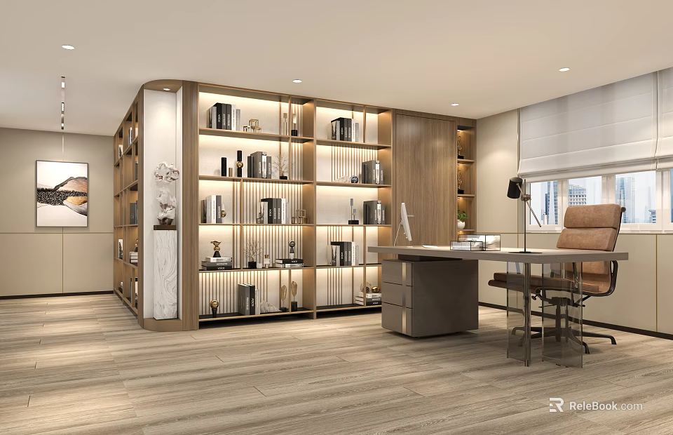 Modern Office Interior Design With Wooden Bookshelves Desk Chair And Natural Light 3d model 