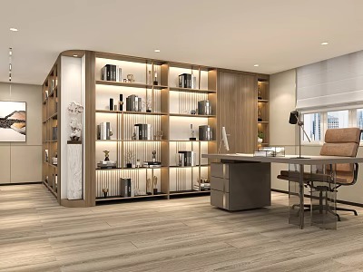 Modern Office Interior Design With Wooden Bookshelves Desk Chair And Natural Light 3d model