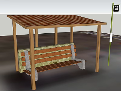 Scenic Garden Landscape With Wooden Pergola Bench And Bus Stop Sign 3d model