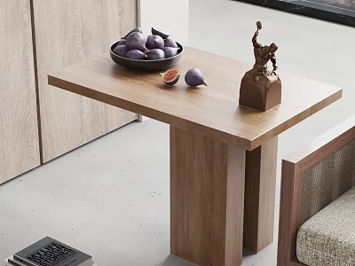 Wooden Side Table With Fresh Figs Bowl And Decorative Sculpture In Living Room 3d model
