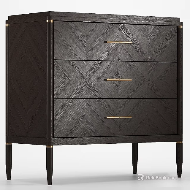 Modern Dark Wood Entryway Cabinet With Herringbone Drawers And Golden Handles 3d model 