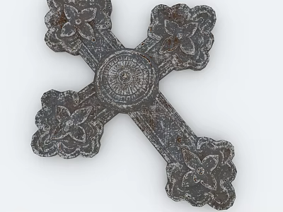 Vintage Metal Decorative Cross With Intricate Floral Designs And Central Circular Detail 3d model