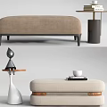 Modern Beige Upholstered Ottoman With Small Round Table And Stacked Books