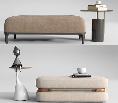 Modern Beige Upholstered Ottoman With Small Round Table And Stacked Books 3d model
