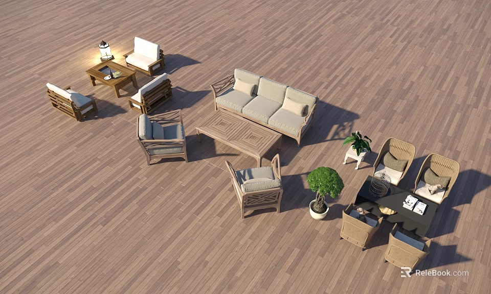 Outdoor Chairs With Sofa Coffee Table And Green Plants On Wooden Deck 3d model 
