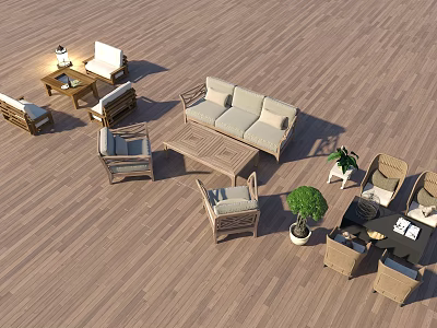 Outdoor Chairs With Sofa Coffee Table And Green Plants On Wooden Deck 3d model