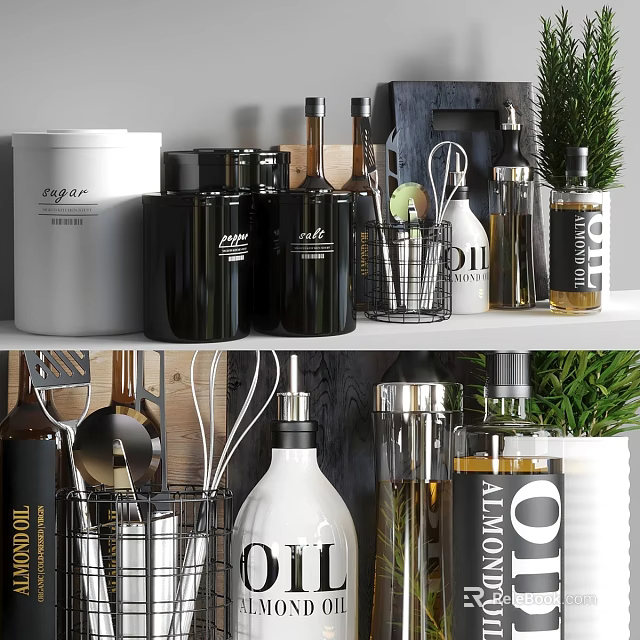 Modern Kitchenware Collection With Sugar Jar Olive Oil Bottle Utensils And Plant On Shelf 3d model 