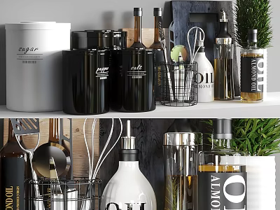 Modern Kitchenware Collection With Sugar Jar Olive Oil Bottle Utensils And Plant On Shelf 3d model