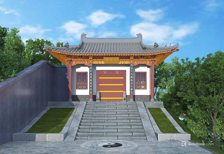 Chinese Ancient Architecture With Traditional Roof Red Doors And Stone Steps Under Blue Sky 3d model 