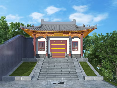 Chinese Ancient Architecture With Traditional Roof Red Doors And Stone Steps Under Blue Sky 3d model
