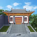 Chinese Ancient Architecture With Traditional Roof Red Doors And Stone Steps Under Blue Sky