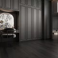 Modern Dining and Living Room Interior With Dark Walls Curtains Round Coffee Table And Sofa