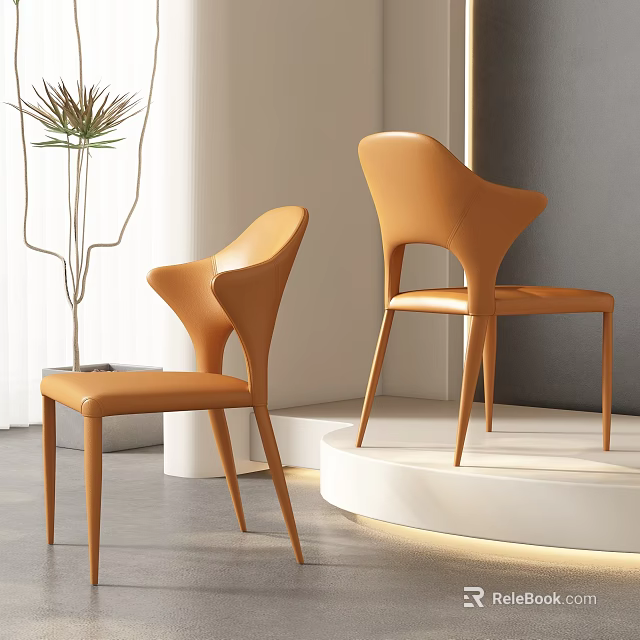 Modern Orange Leather Dining Chairs In Simple Interior With Display Platform And Plant 3d model