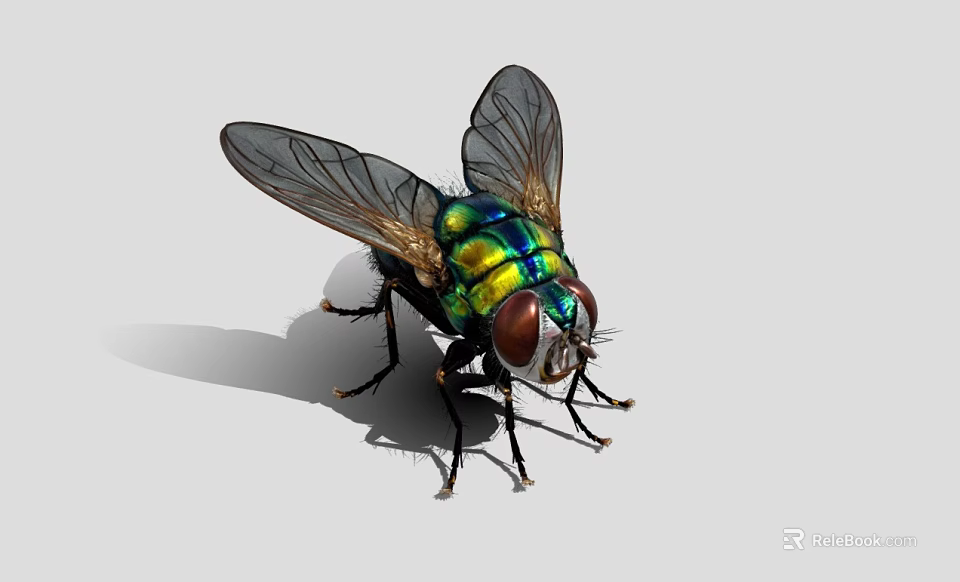 Close Up View Of Green Blue Metallic Fly With Transparent Wings And Large Eyes 3d model 