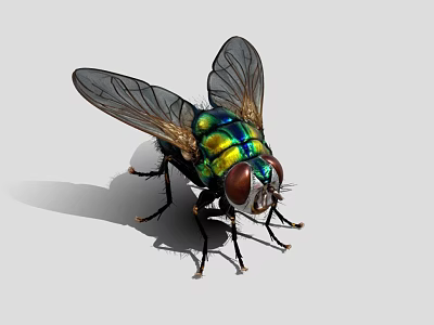 Close Up View Of Green Blue Metallic Fly With Transparent Wings And Large Eyes 3d model