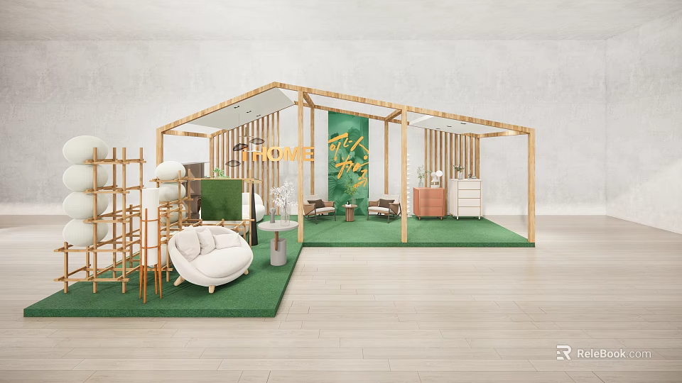Wooden Exhibition Booth With Green Carpet Home Furniture Poster And Decorative Plants 3d model 