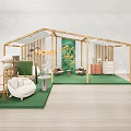 Wooden Exhibition Booth With Green Carpet Home Furniture Poster And Decorative Plants
