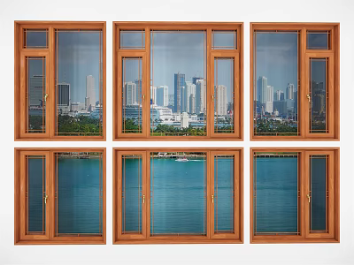 Wooden Casement Windows Showcasing City Skyline and Sea Views with Clear Glass Panels 3d model
