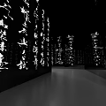 Modern Museum Calligraphy Exhibition With Projection On Black Walls And Visitor Viewing