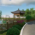 Traditional Chinese Garden Landscape with Lotus Pond Small Bridge Green Trees and Pathways