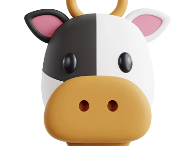 Cute Cartoon Cow Head Design With Black White Face Pink Ears And Yellow Horns 3d model