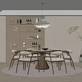 Elegant Modern Restaurant Interior With Round Dining Table Chairs Hanging Lamp Green Plant And Open Cabinets