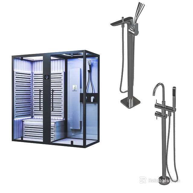 Modern Shower Sauna Cabin With Glass Door LED Lighting And Chrome Shower Fixtures 3d model 