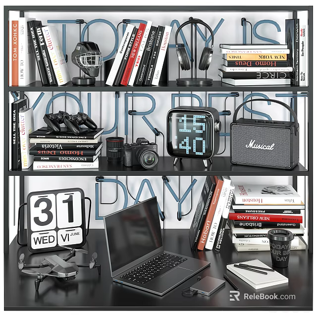 Decorative Ornament Set With Books Headphones Camera Clock Laptop On Shelf 3d model 