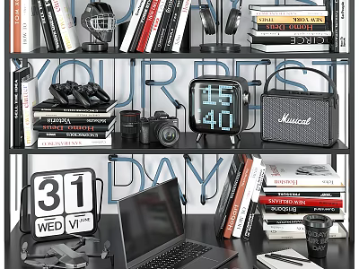 Decorative Ornament Set With Books Headphones Camera Clock Laptop On Shelf 3d model