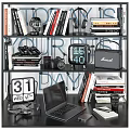 Decorative Ornament Set With Books Headphones Camera Clock Laptop On Shelf
