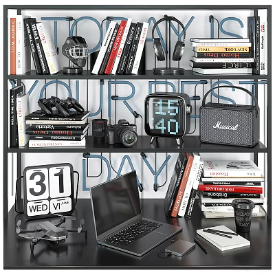 Decorative Ornament Set With Books Headphones Camera Clock Laptop On Shelf 3d model