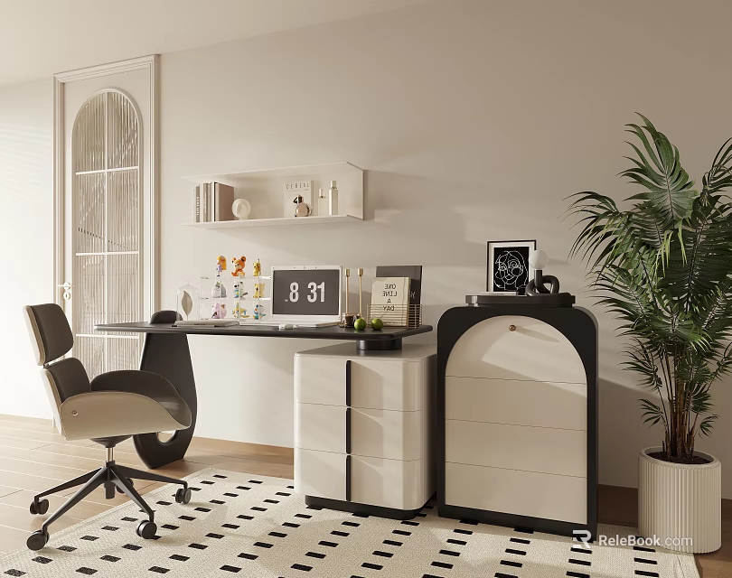 Modern Home Office Interior With Desk Ergonomic Chair Wall Shelf And Potted Plant 3d model 