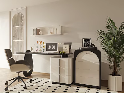 Modern Home Office Interior With Desk Ergonomic Chair Wall Shelf And Potted Plant 3d model