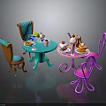 Colorful Furniture Set With Blue Pink Tables Chairs And Tea Dessert Items