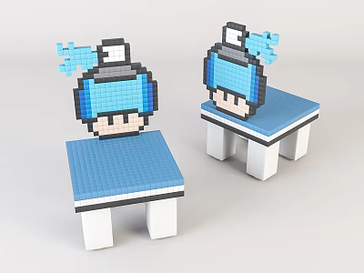 Pixel Art Cartoon Head Decorative Chairs With Blue Seat Surface And White Legs 3d model