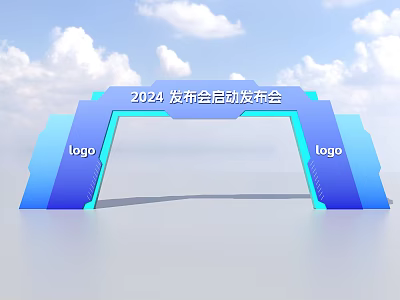 Blue 2024 Launch Conference Event Gateway With Logo And Sky Background 3d model