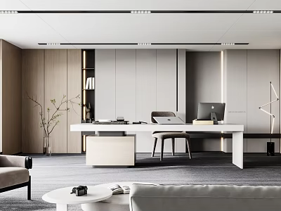 Modern Office Interior With Wooden Wall White Desk Computer Sofa Plant And Lighting 3d model